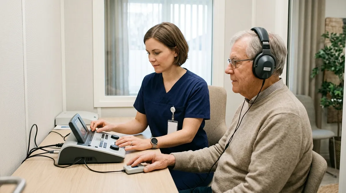 Audioprothésiste réalisant un test auditif à un patient